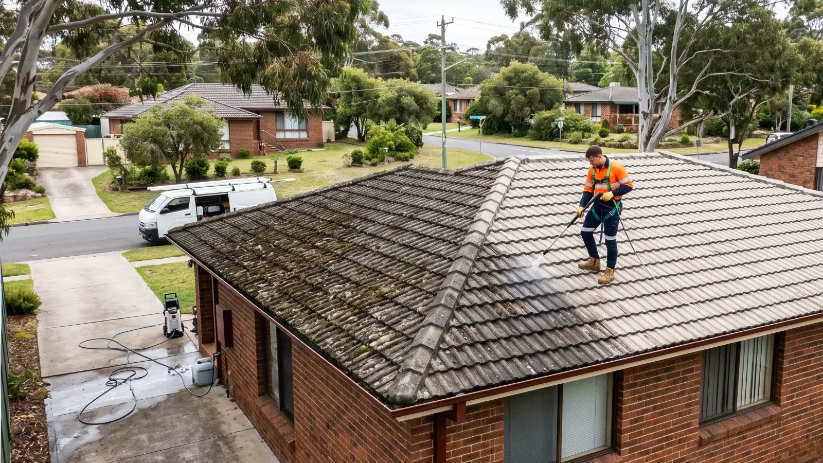 Tradesperson soft washing a moss-stained concrete tile roof on a suburban Australian home